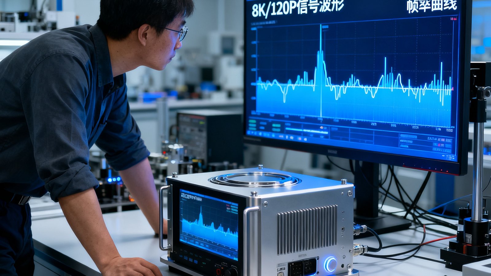 8K超高清视讯引擎原型机在实验室压力测试中，工程师监测实时数据，屏幕显示8K/120P信号波形与帧率曲线。