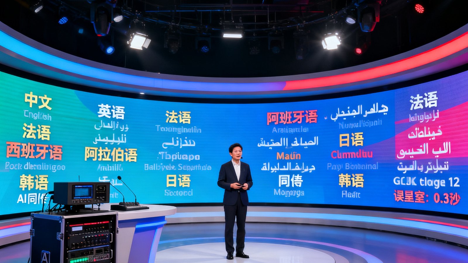 多语种数字演播厅实景，LED环屏上同时显示中英法西阿日韩等12种语言字幕，AI同传系统正在处理一位嘉宾的现场发言，字幕与口型同步误差小于0.3秒。